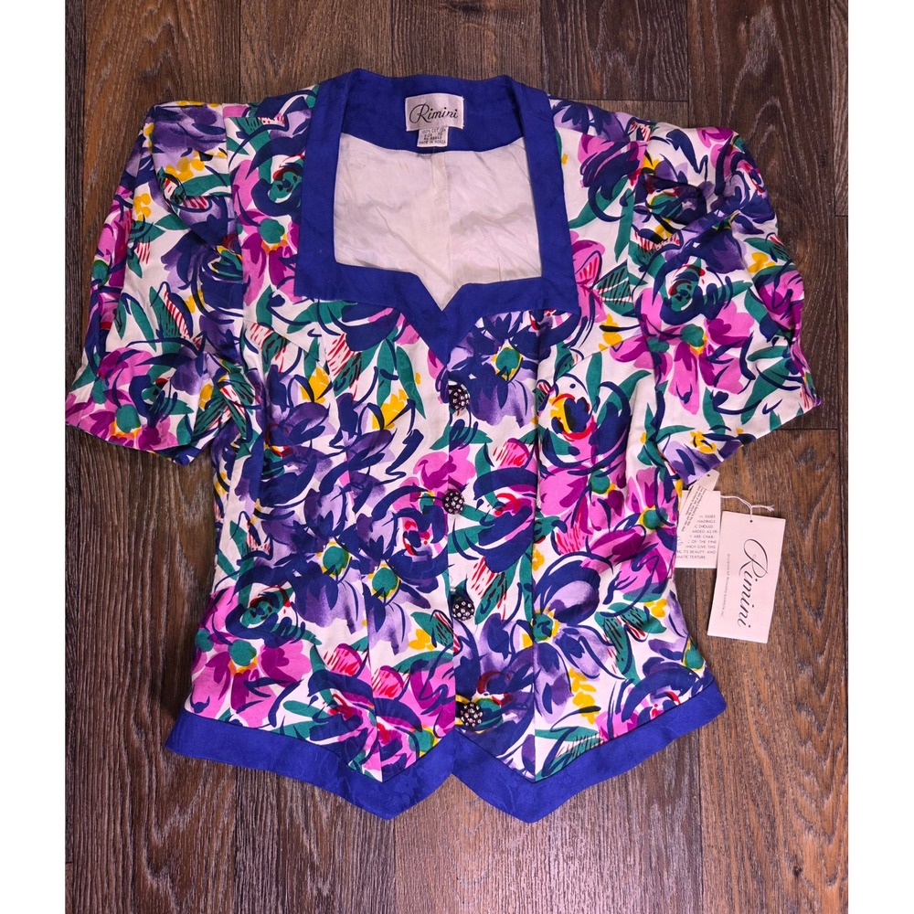 Rimini Vintage 80s Floral Puff Sleeve Blouse Blue Purple Cotton NWT Size 12